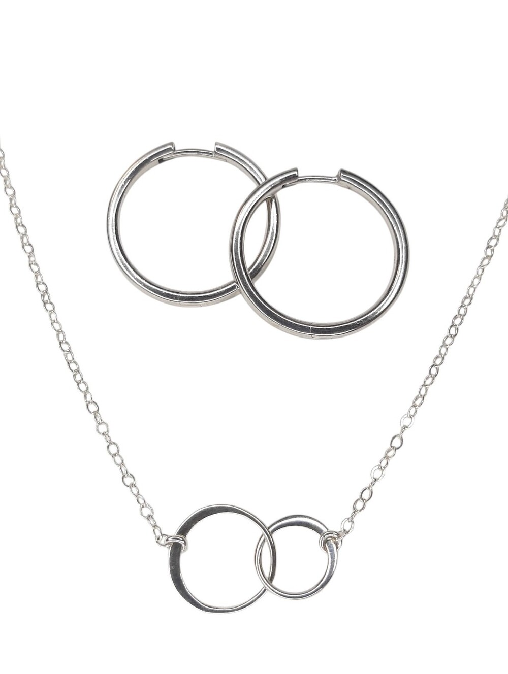 Sterling Silver 925 Set Of Hoop Earrings And Interlocking Circles Necklace Elega